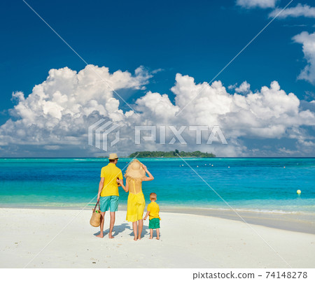 Family with three year old boy on beach 74148278