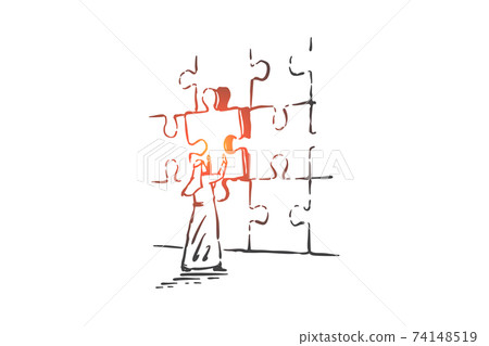 Jigsaw puzzle assembling concept sketch. Hand drawn isolated vector 74148519