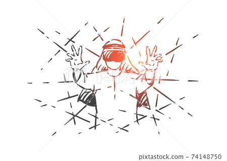 Muslim enjoying VR gaming concept sketch. Hand drawn isolated vector 74148750