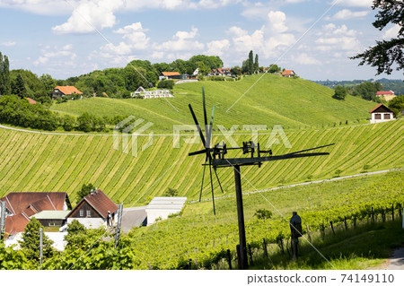 vineyard with windmill called klapotetz in south of Styria, Austria 74149110