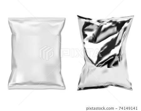 Foil snack bag. White plastic food sachet isolated 74149141