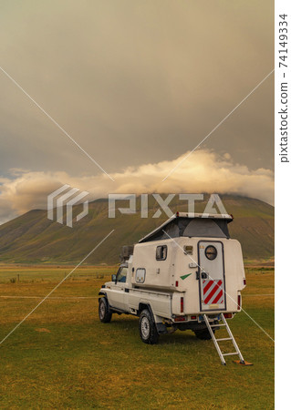 vanlife near Castelluccio village in National Park Monte Sibillini, Umbria region, Italy vanlife near Castelluccio village in National Park Monte Sibillini, Umbria region, Italy 74149334
