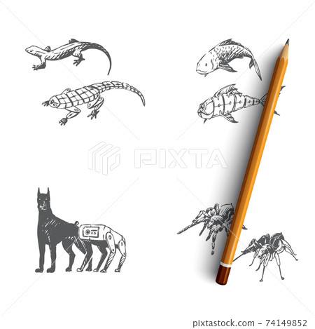 Bio robots - robot fish, dog, spider and gecko vector concept set 74149852