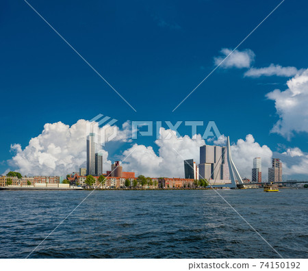 Rotterdam city cityscape skyline with Erasmus bridge and river. South Holland, Netherlands. 74150192