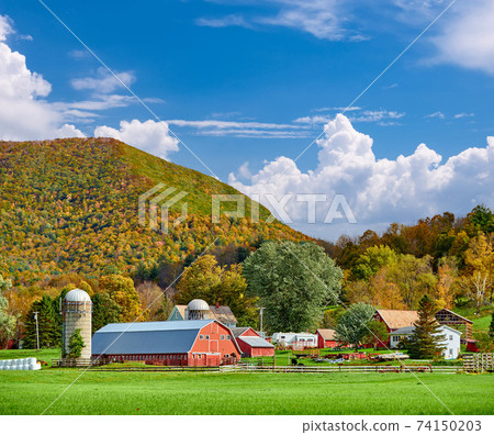 Farm with red barn and silos in Vermont Farm with red barn and silos in Vermont 74150203