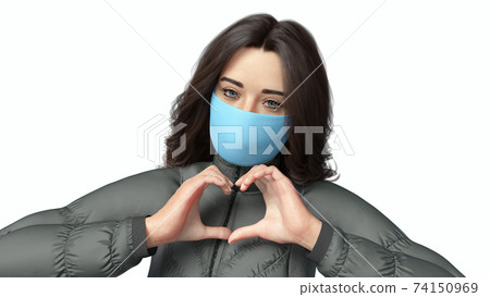 Young woman in face mask 3D portrait with hands - Stock Illustration ...