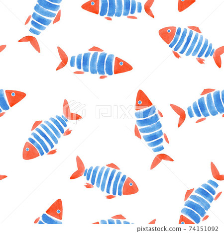 Beautiful fashinable seamless pattern with cute watercolor fish. Stock design illustration. 74151092