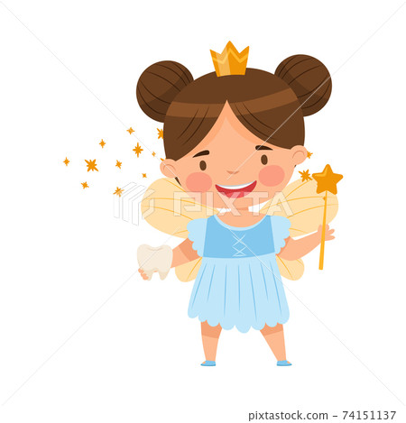 Cute Little Tooth Fairy with First Baby Tooth... - Stock Illustration ...