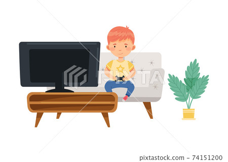 Redhead Boy Sitting with Gamepad on Sofa and Playing Video Game Vector Illustration Redhead Boy Sitting with Gamepad on Sofa and Playing Video Game Vector Illustration 74151200