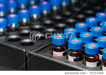 HPLC glass vials in the rack. Research and development of pharmaceuticals and vaccines. High performance liquid chromatography at analytical chemistry laboratory 74151409
