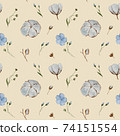 Linen flowers and cotton bolls watercolor seamless pattern. 74151554