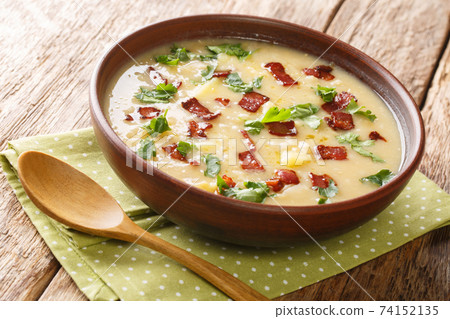German Rumfordsuppe pea and barley economy soup with bacon close-up in a plate. horizontal German Rumfordsuppe pea and barley economy soup with bacon close-up in a plate. horizontal 74152135