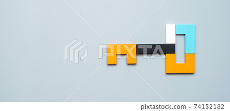 Key shape of geometric colorful wood puzzle pieces. logical thinking, business logic, Conundrum, decision, solutions, rational, mission, success, goals and strategy concepts 74152182