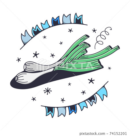 Cute illustration with green onion. Isolated on a white background. Vector doodle illustrations. 74152201