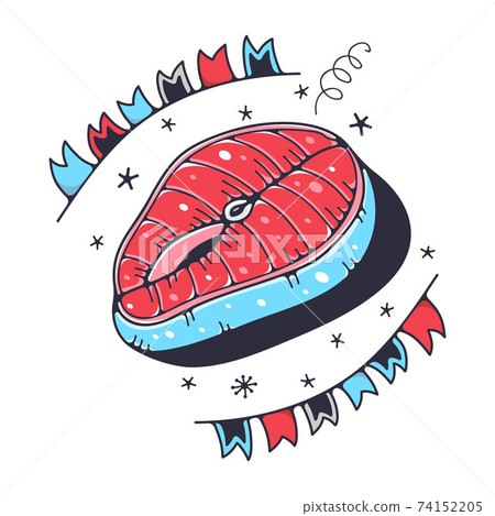 Cute illustration with fish steak. Isolated on a white background. Vector doodle illustrations. Cute illustration with fish steak. Isolated on a white background. Vector doodle illustrations. 74152205