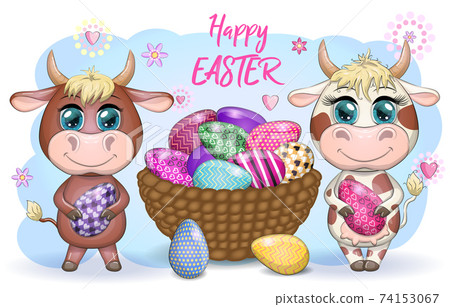 Cute cartoon cow, a bull with an Easter egg, next to a basket of eggs, symbol 2021 on the eastern calendar. 74153067
