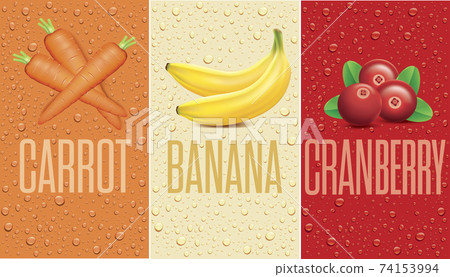 Drinks and juice background with drops and carrot, banana, cranberry Drinks and juice background with drops and carrot, banana, cranberry 74153994