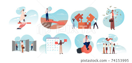 Business, idea, startup, goal achievement, success, celebration, planning, coworking, teamwork set concept. 74153995