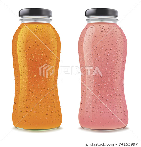 Juice Bottles with many fresh ice drops isolated on white 74153997