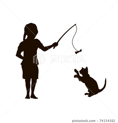 Black silhouette. Girl play with cat. Isolated child playing with kitty. Pet game. Cute friendship 74154382