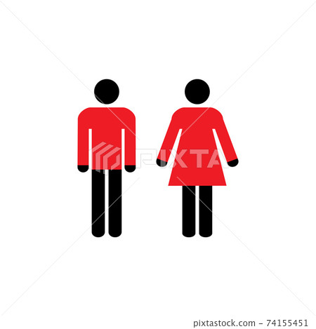 Man, Woman icon, toilet sign, restroom sign. Black, red on white background. Flat design. Vector illustration. Man, Woman icon, toilet sign, restroom sign. Black, red on white background. Flat design. Vector illustration. 74155451