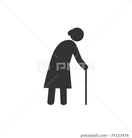 Old woman with a cane. Grey on white background. Flat design. Vector illustration. Old woman with a cane. Grey on white background. Flat design. Vector illustration. 74155476