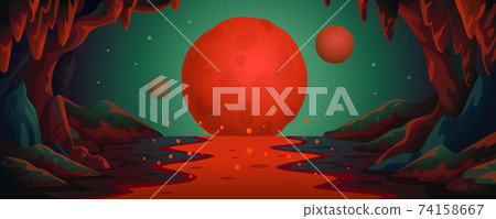 Mars - vector cartoon background. Marsian cave landscape with an underground lava river and red planets. Vector illustration in flat cartoon style. Mars - vector cartoon background. Marsian cave landscape with an underground lava river and red planets. Vector illustration in flat cartoon style. 74158667