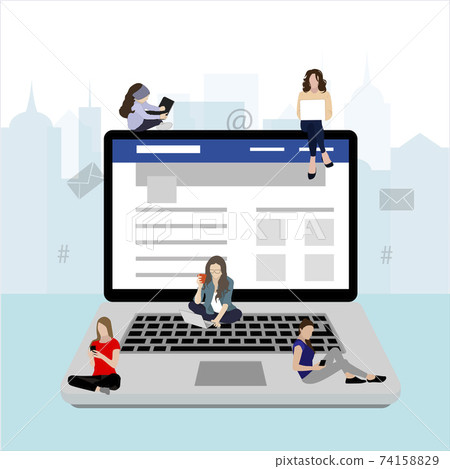 Social media addiction, people use laptop smartphone 74158829