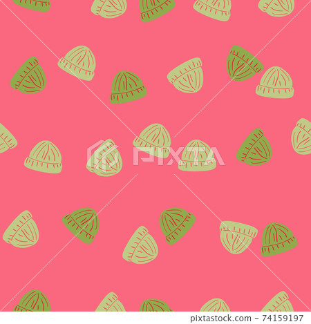 Random abstract green beanie hat print seamless pattern. Pink bright background. Clothes backdrop. Random abstract green beanie hat print seamless pattern. Pink bright background. Clothes backdrop. 74159197