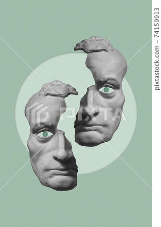 Collage with plaster antique sculpture of human face in a pop art style. Modern creative concept image with ancient statue head. Zine culture. Contemporary art poster. Funky minimalism. Retro design. 74159913