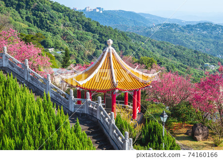 cherry blossom and chinese pavilion near taipei city in taiwan cherry blossom and chinese pavilion near taipei city in taiwan 74160166