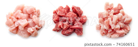 Raw cut meat isolated on white, from above 74160651