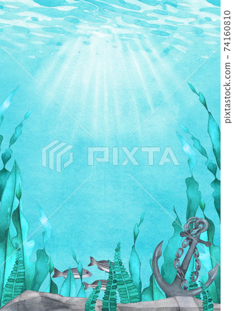 Underwater scene of watercolor stones, anchor, seaweed and fish 74160810
