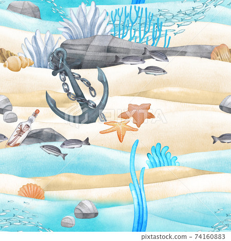 Calm watercolor sandy ocean bottom with the stones, anchor, coral reef plants and creatures Calm watercolor sandy ocean bottom with the stones, anchor, coral reef plants and creatures 74160883