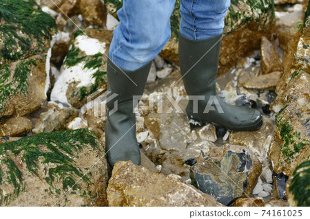 Rubber boots on stones with seaweed in the ocean 74161025