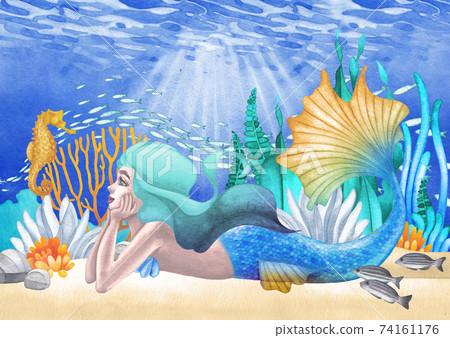 Watercolor mermaid lies at the ocean sandy bottom among the coral reef plants and fish Watercolor mermaid lies at the ocean sandy bottom among the coral reef plants and fish 74161176