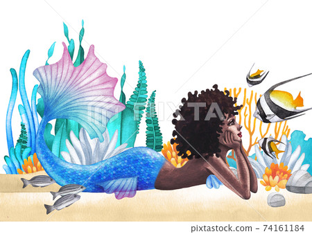 Watercolor african mermaid lies at the ocean sandy bottom among the coral reef plants and fish Watercolor african mermaid lies at the ocean sandy bottom among the coral reef plants and fish 74161184