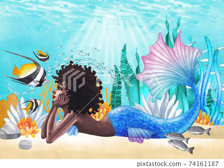 Watercolor african mermaid lies at the ocean sandy bottom among the coral reef plants and fish Watercolor african mermaid lies at the ocean sandy bottom among the coral reef plants and fish 74161187