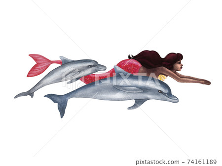 Watercolor african mermaid swimming with the dolphins. Watercolor african mermaid swimming with the dolphins. 74161189