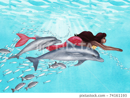Watercolor african mermaid swimming under the ocean surface among the dolphins and the school of fish Watercolor african mermaid swimming under the ocean surface among the dolphins and the school of fish 74161193