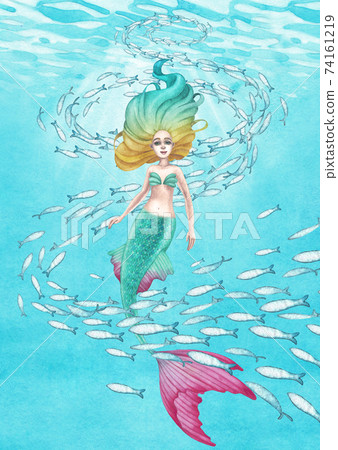Watercolor mermaid swimming under the ocean surface among the school of fish Watercolor mermaid swimming under the ocean surface among the school of fish 74161219