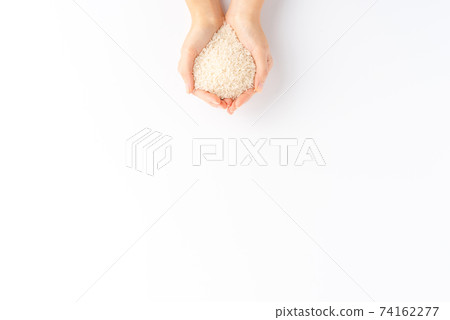 Female hands holding white rice grains isolated on white background with copyspace. Top view 74162277