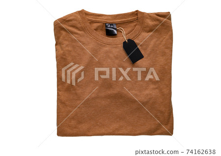 t-shirt with empty label and blank price tag or description info for Mock up isolated on white background High Resolution 74162638
