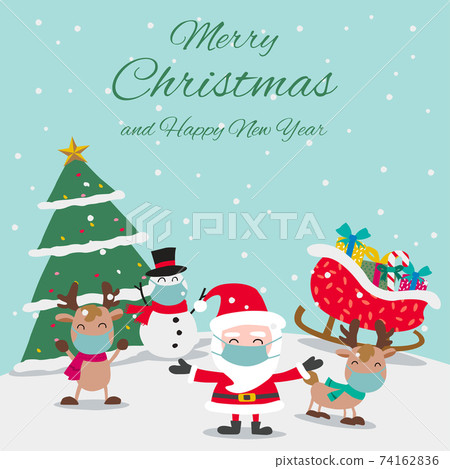 Santa reindeers and snowman wear masks and enjoy with Christmas night 74162836