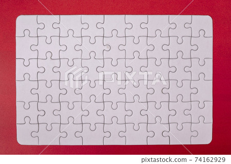 Empty white paper jigsaw puzzles Success mosaic solution mockup for printable Puzzle pieces grid design template isolate on red background 74162929