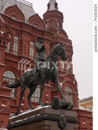 Monument statue to Marshal Zhukov on horseback on Red Square in Moscow Monument statue to Marshal Zhukov on horseback on Red Square in Moscow 74163024
