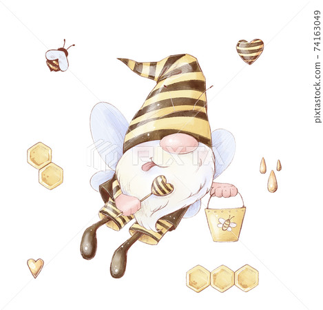 Cartoon cute gnome bee collects honey. Watercolor illustration 74163049