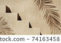 Minimal abstract concrete texture background for cosmetic product presentation. Premium podium with tropical palm leaf shadow on beige natural stone wall. Realistic 3d rendering 74163458