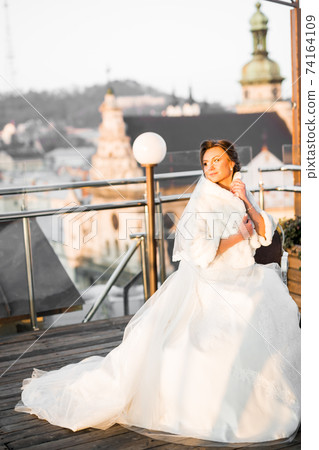 Beauty portrait of bride wearing fashion wedding dress with feathers with luxury delight make-up and hairstyle 74164109