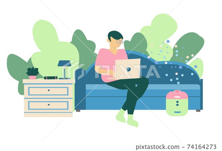 Freelancer working at home Young men seat on sofa with notebook and humidifier on nightstand Freelancer working at home Young men seat on sofa with notebook and humidifier on nightstand 74164273
